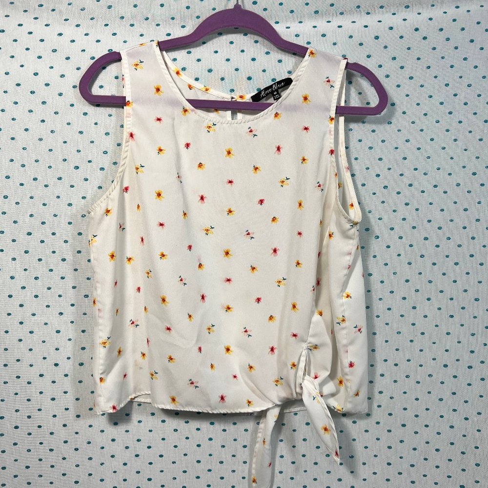 Alice Blue White Floral Side Tie Detail Tank Top